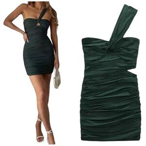 Zara Linen Blend Draped Asymmetric Neckline Ruched Mini Dress